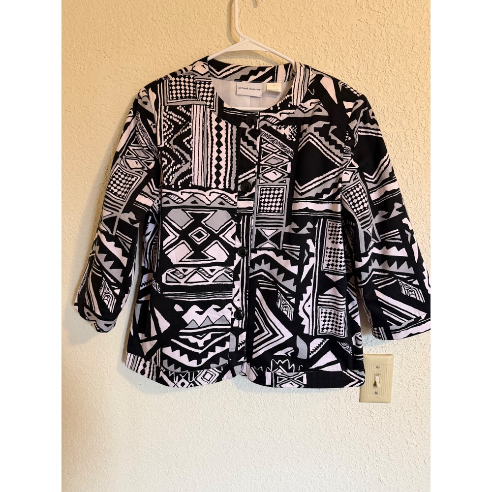 Alfred Dunner Black White Geometric Print Button Front Jacket Womens 10 Business